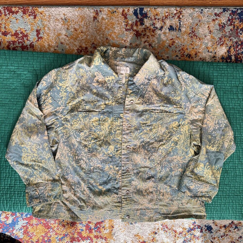Vintage Susan Bristol Floral Blue Yellow Denim Jacket Beads 2XL Whimsy Fall Y2K